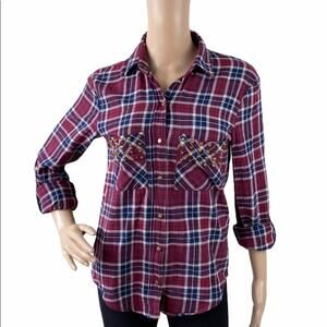 Poof! Studded Plaid Snap Front Tomboy Shirt Burgundy Navy M